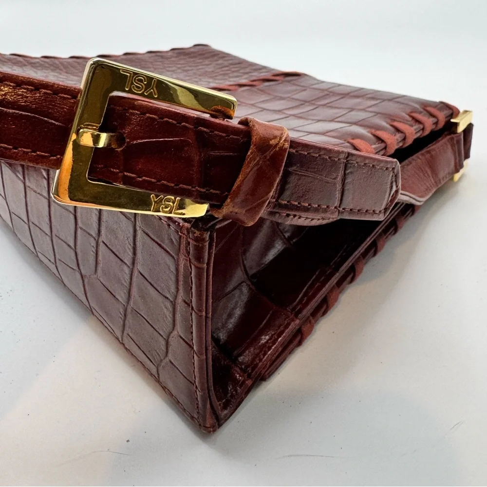 YSL Croc Embossed Whipstitch Baguette Shoulder Bag Cognac Gold Hardware - Picture 6 of 12